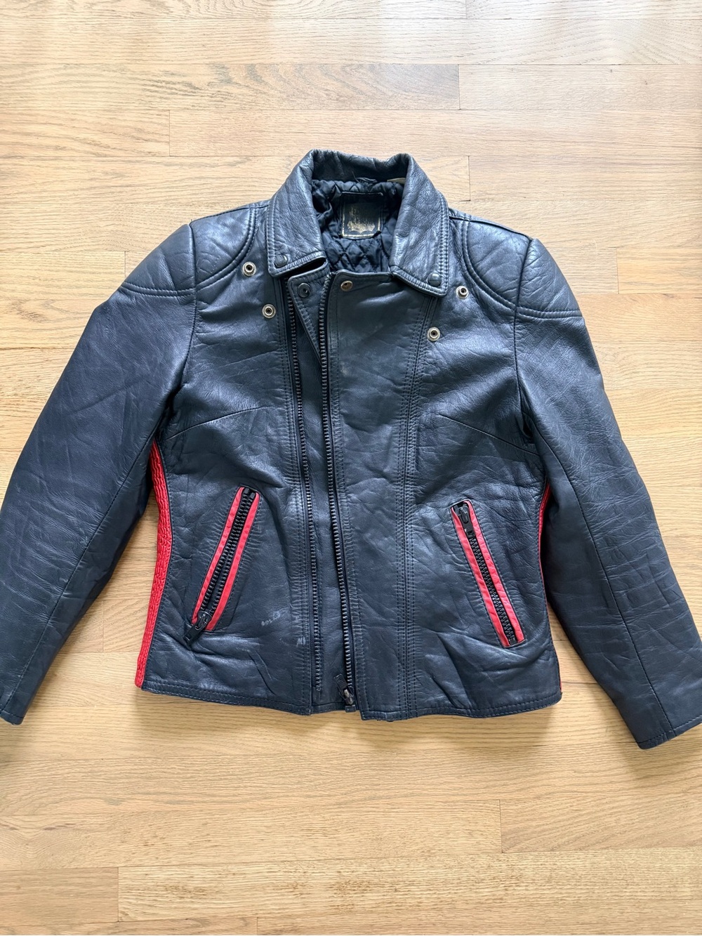 Black Leather Motorcycle Jacket with Red Trim - Women's - Picture 4 of 15